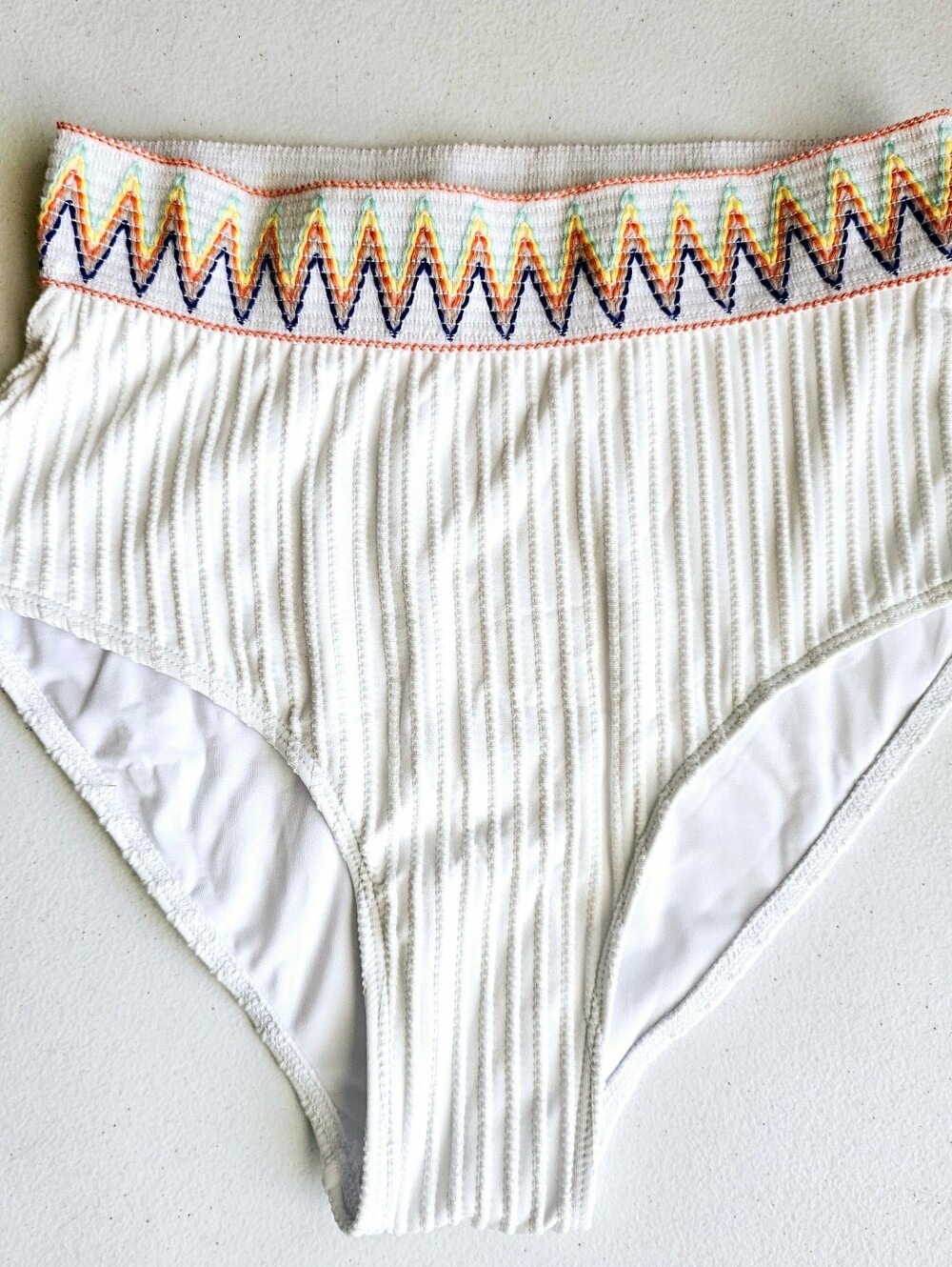 White Ribbed High-Waist Bikini Bottom w/Multicolor Embroidered Waistband Size SM